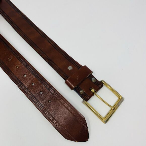 VTG Mens 34 Brown Tooled Leather Western Cowboy Belt Adjustable Gold Buckle Work - Picture 6 of 15